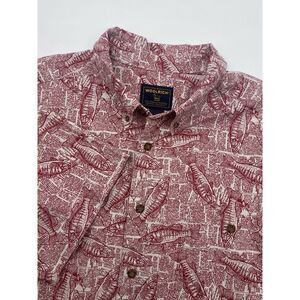 Woolrich‎ Hawaiian Shirt Men 2XL Newspaper Print Short Sleeve Button Tabasco Red